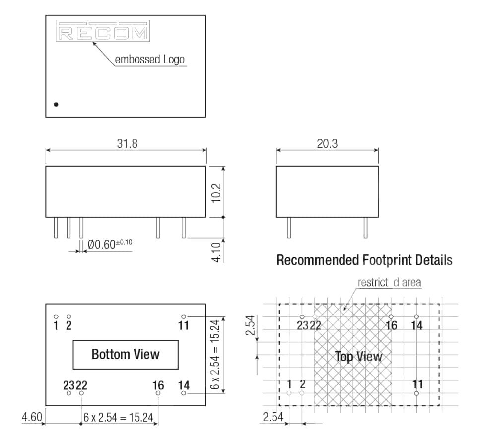 Mechanical Drawing - RECOM Power REMxE Medical Grade DC/DC Converters